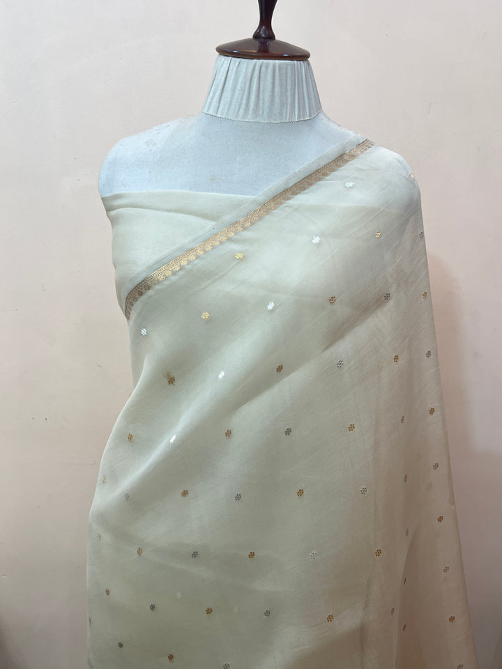 Cream Pure Kora Silk Handloom Banarasi Saree
