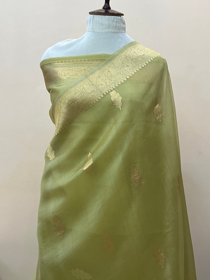 Pastel Olive Green Banarasi Handloom Kora Silk Saree