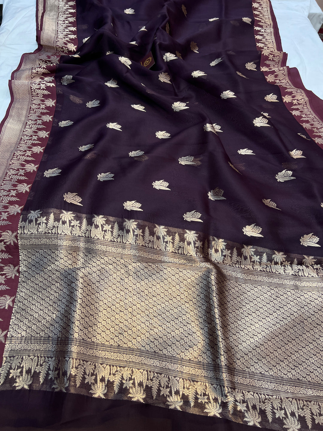 Brown Pure Kora Silk Banarasi Saree with Zari Butas & Border