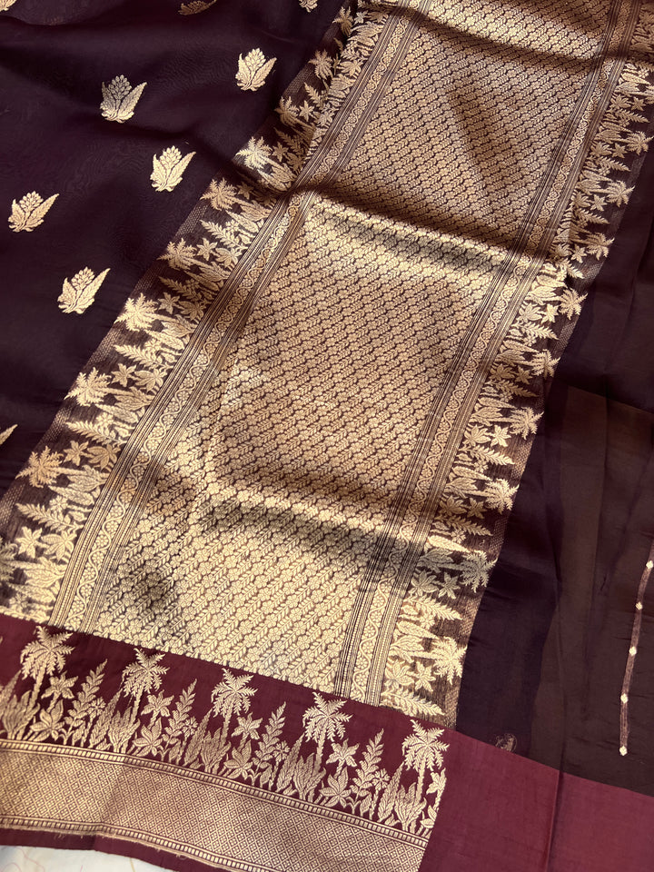 Brown Pure Kora Silk Banarasi Saree with Zari Butas & Border