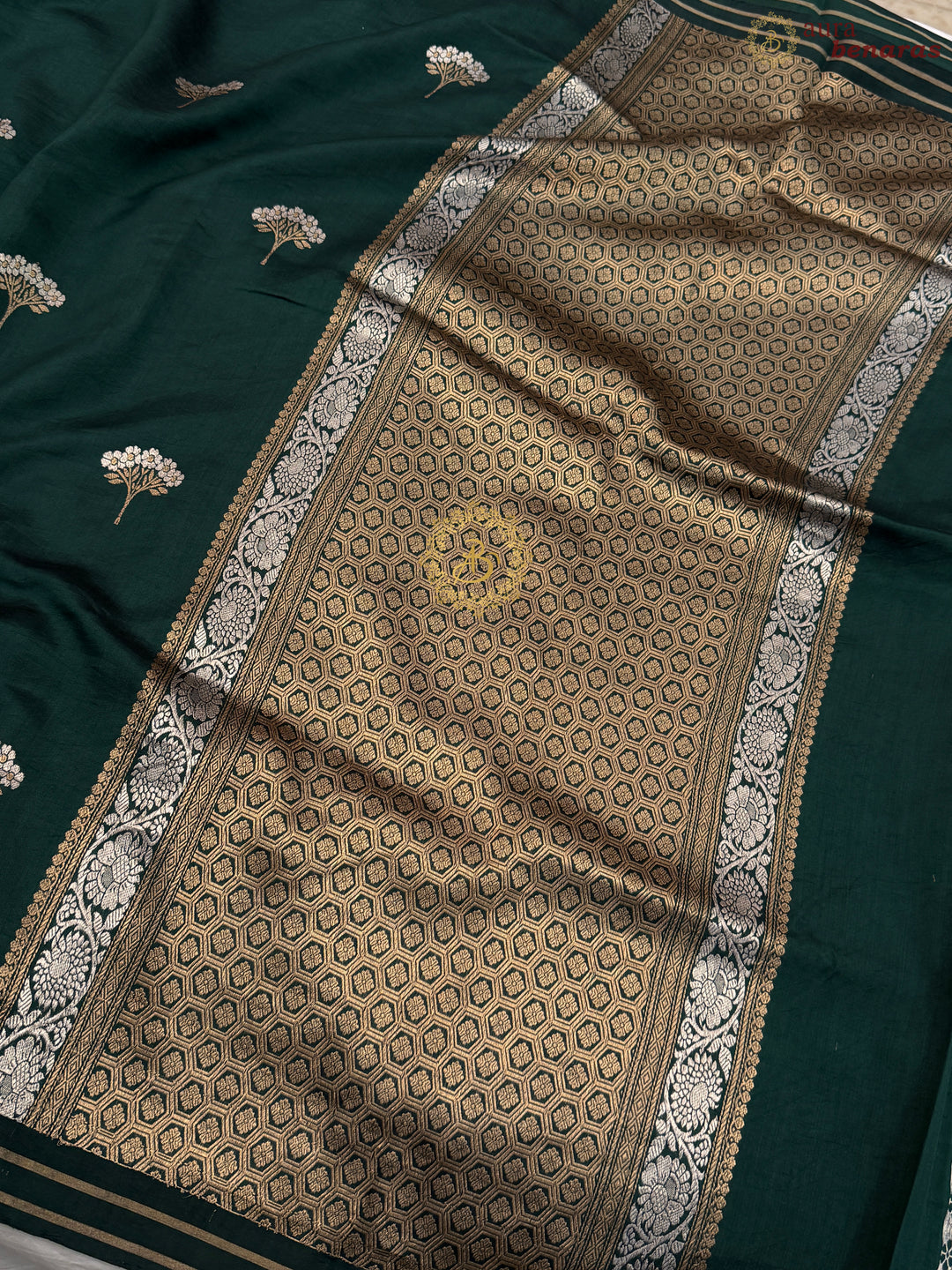 Bottle Green Pure Chiniya Silk Handloom Banarasi Saree