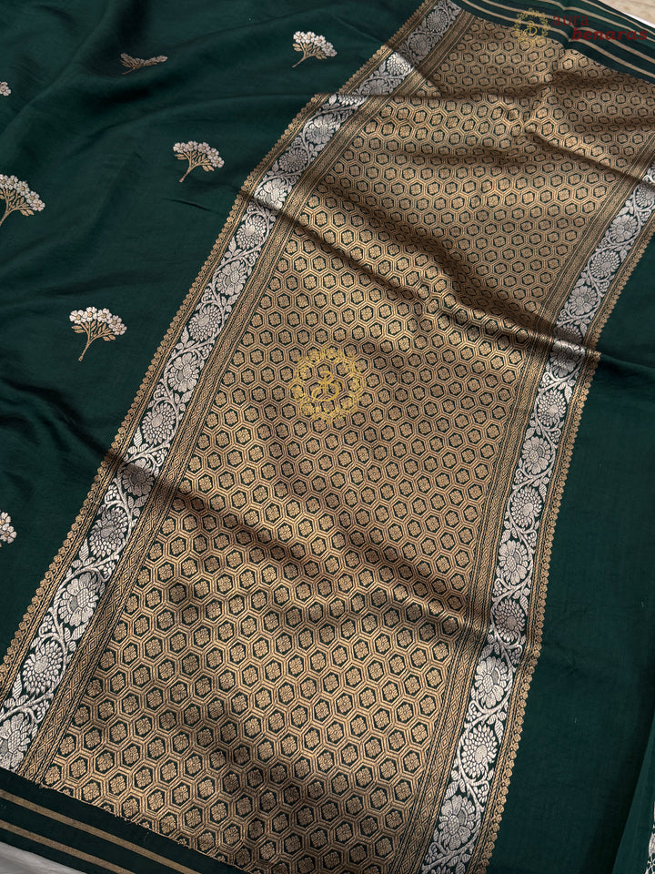 Bottle Green Pure Chiniya Silk Handloom Banarasi Saree