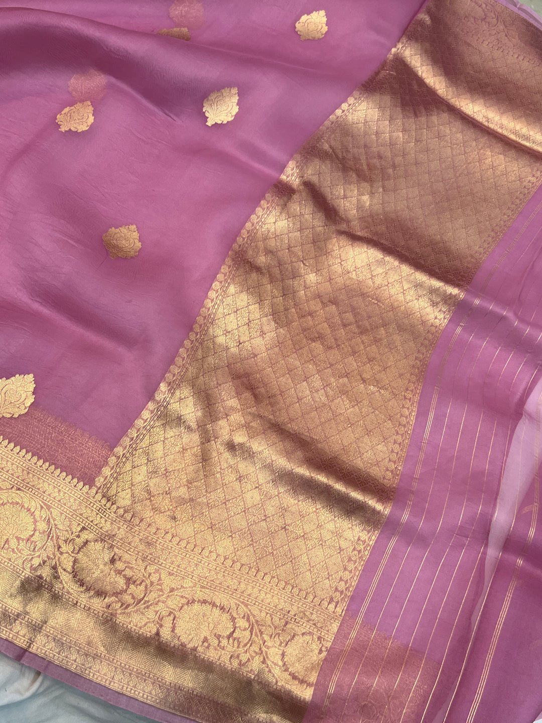 Onion Pink Banarasi Handloom Kora Silk Saree