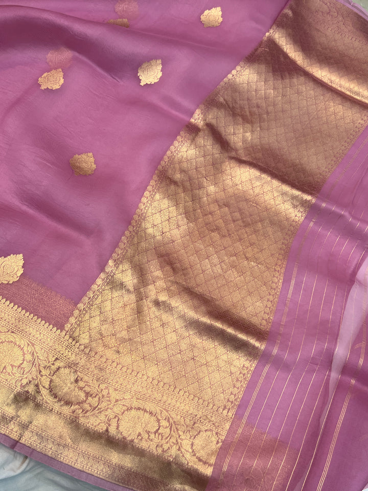 Onion Pink Banarasi Handloom Kora Silk Saree