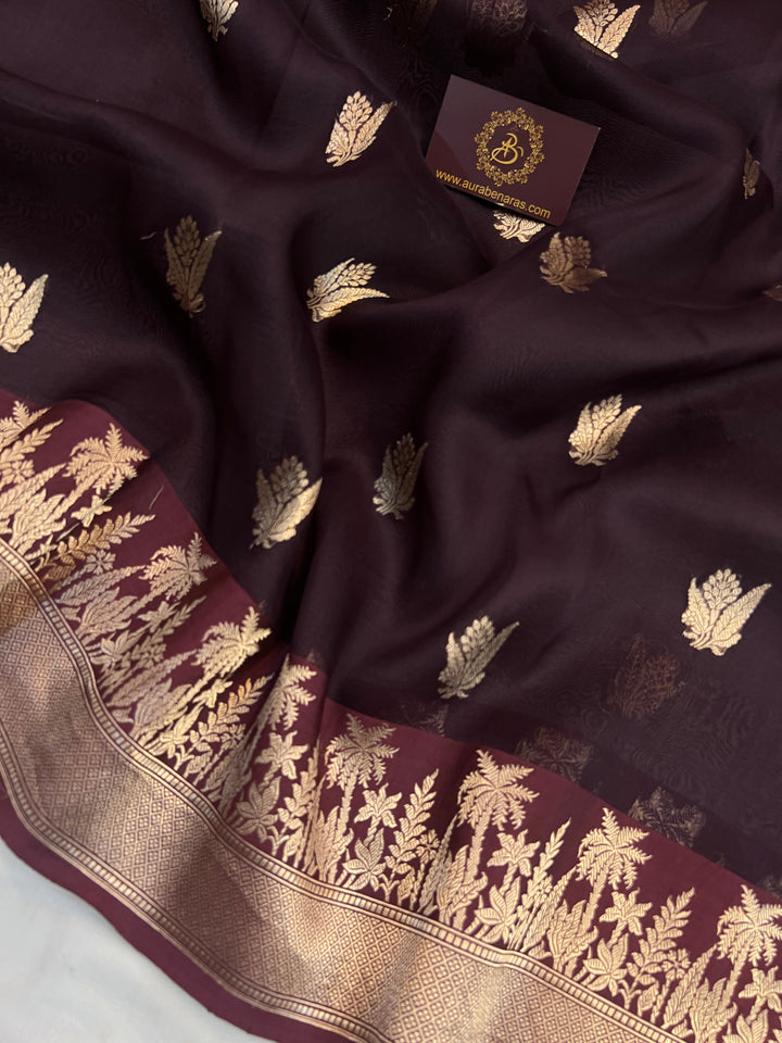 Brown Pure Kora Silk Banarasi Saree with Zari Butas & Border