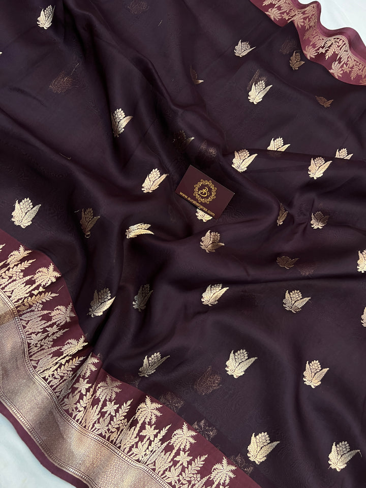 Brown Pure Kora Silk Banarasi Saree with Zari Butas & Border