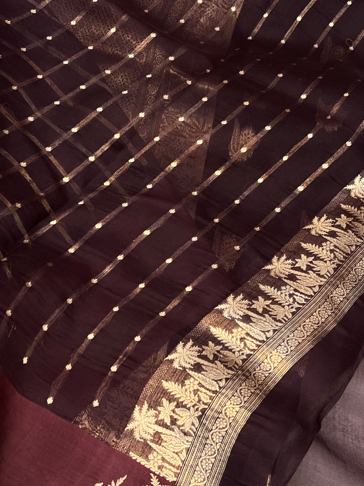 Brown Pure Kora Silk Banarasi Saree with Zari Butas & Border