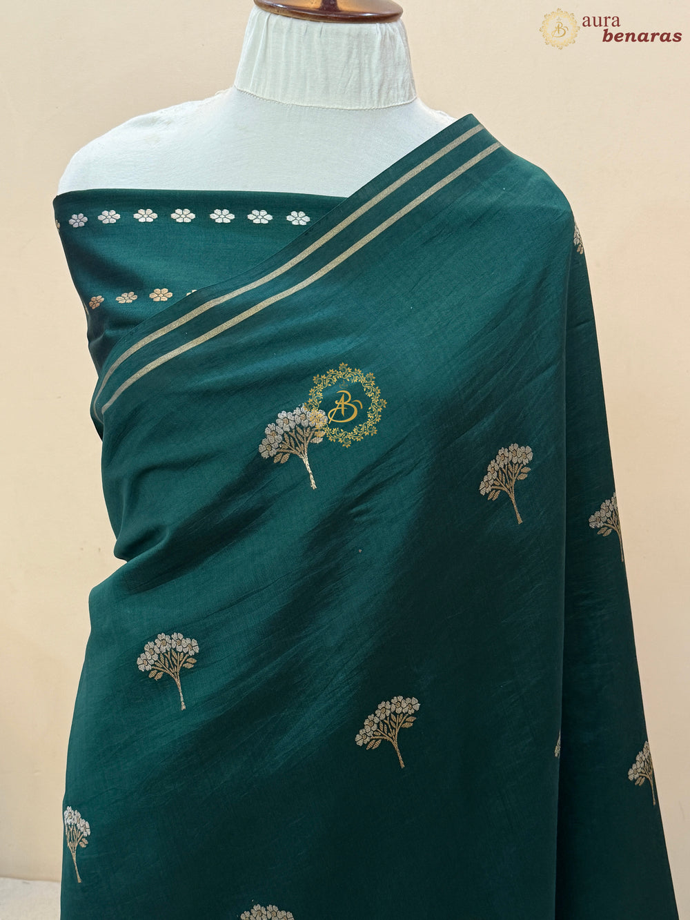 Bottle Green Pure Chiniya Silk Handloom Banarasi Saree