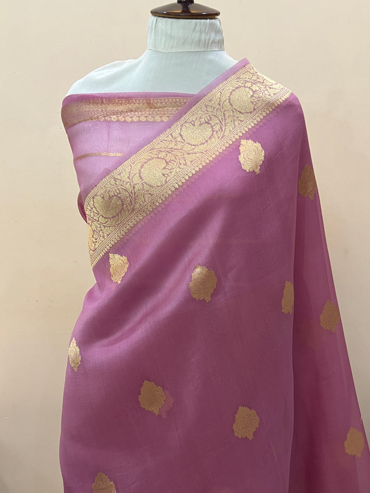Onion Pink Banarasi Handloom Kora Silk Saree