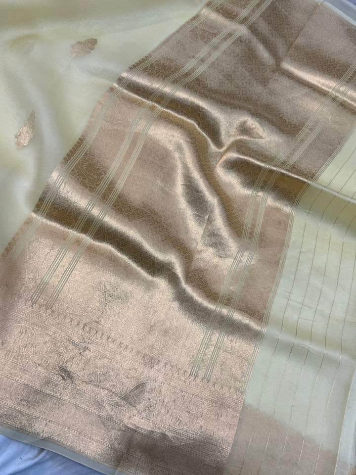 Pale Yellow Banarasi Handloom Kora Silk Saree
