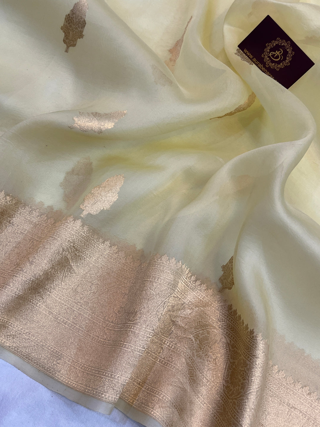 Pale Yellow Banarasi Handloom Kora Silk Saree