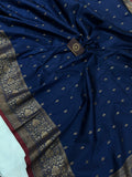 Nevy Blue Banarasi Handloom Soft Silk Saree - Aura Benaras