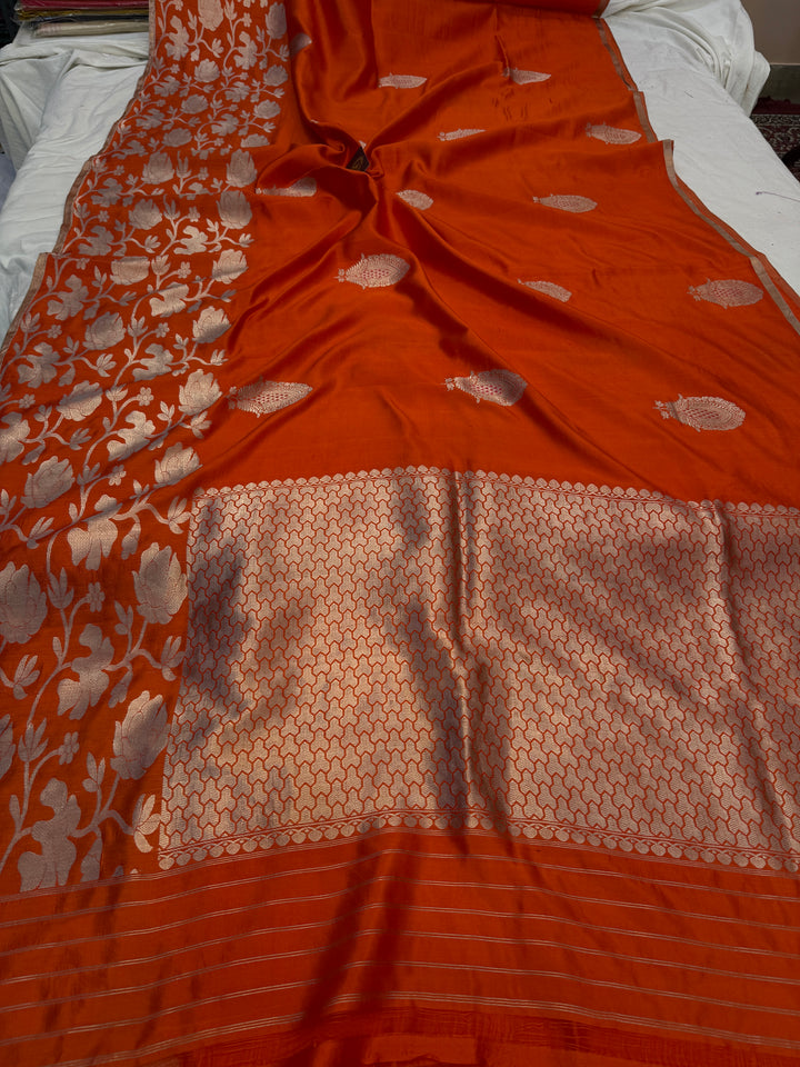 Orange Pure Silk Handloom Banarasi Saree