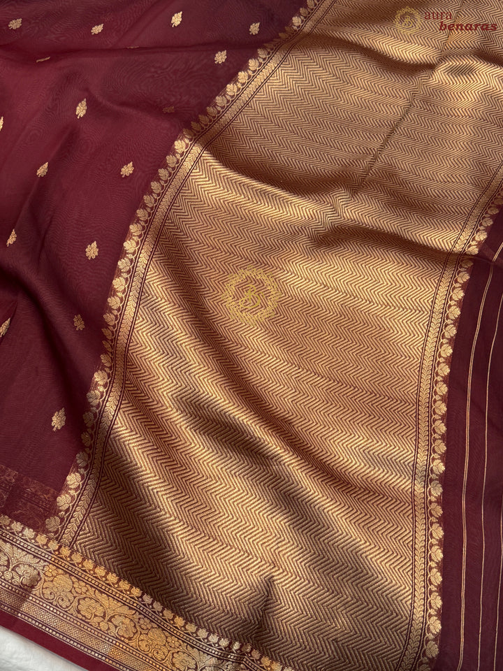 Maroon Pure Kora Silk Handloom Banarasi Saree