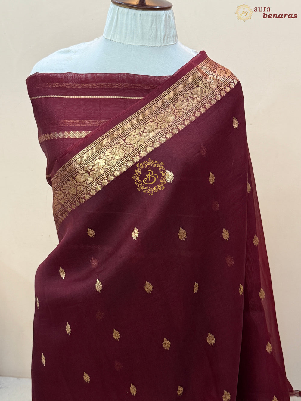 Maroon Pure Kora Silk Handloom Banarasi Saree