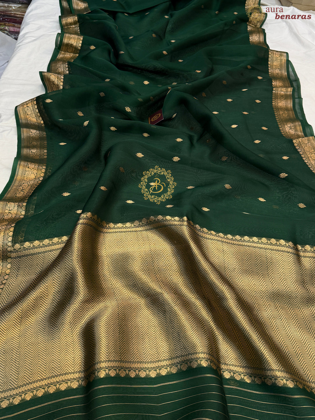 Bottle Green Pure Kora Silk Handloom Banarasi Saree