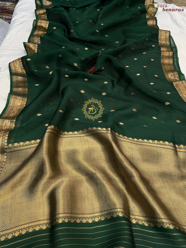 Bottle Green Pure Kora Silk Handloom Banarasi Saree