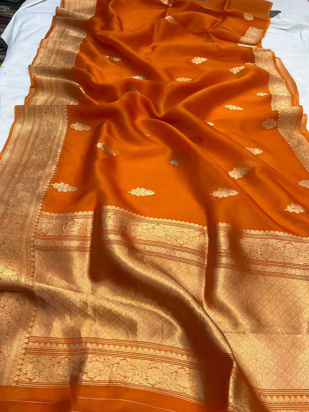 Orange Banarasi Handloom Kora Silk Saree