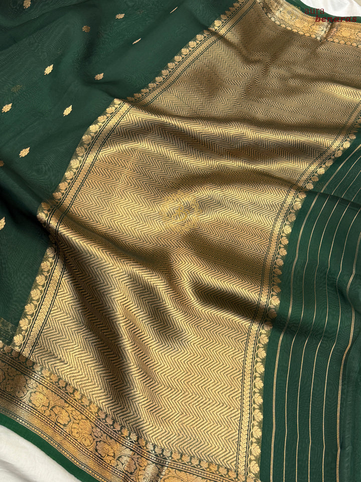 Bottle Green Pure Kora Silk Handloom Banarasi Saree