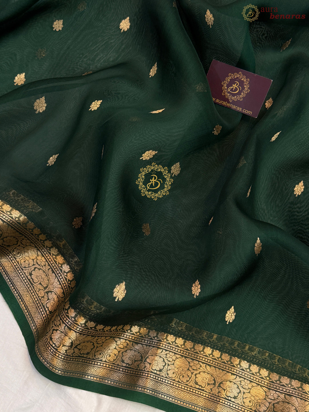 Bottle Green Pure Kora Silk Handloom Banarasi Saree
