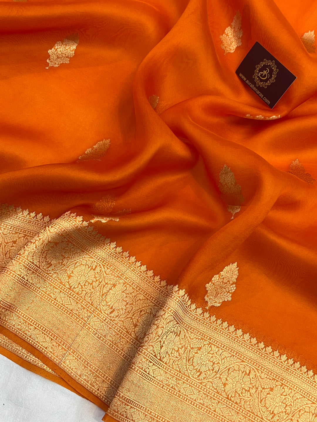Orange Banarasi Handloom Kora Silk Saree