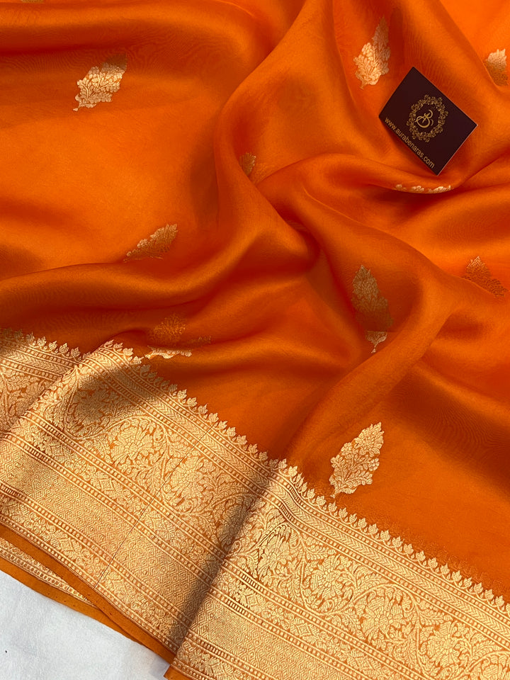Orange Banarasi Handloom Kora Silk Saree