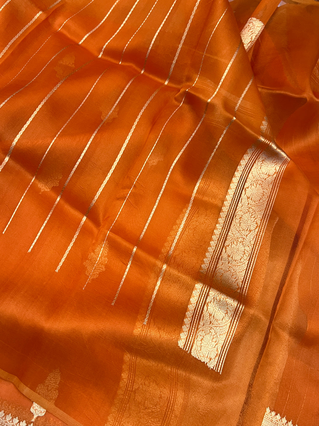 Orange Banarasi Handloom Kora Silk Saree