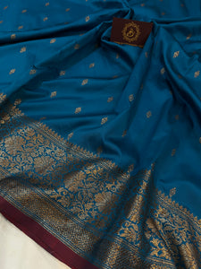 Blue Banarasi Handloom Soft Silk Saree - Aura Benaras