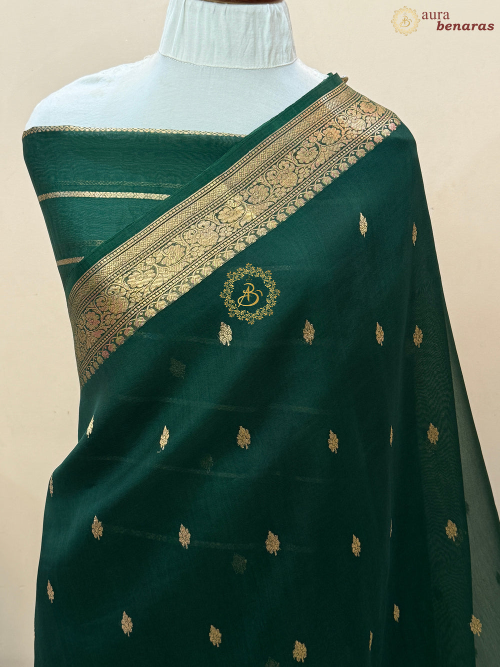 Bottle Green Pure Kora Silk Handloom Banarasi Saree