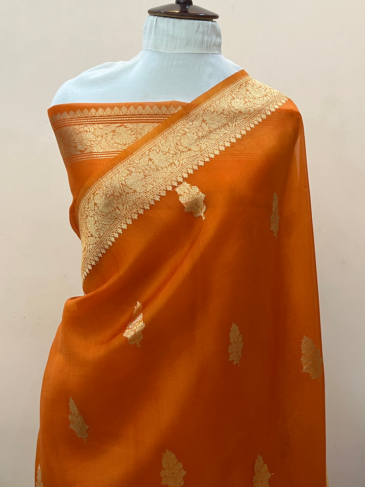 Orange Banarasi Handloom Kora Silk Saree