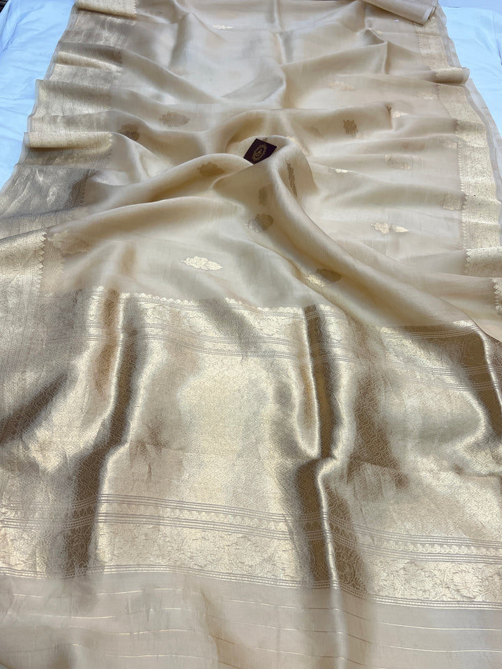 Dusty Cream Banarasi Handloom Kora Silk Saree