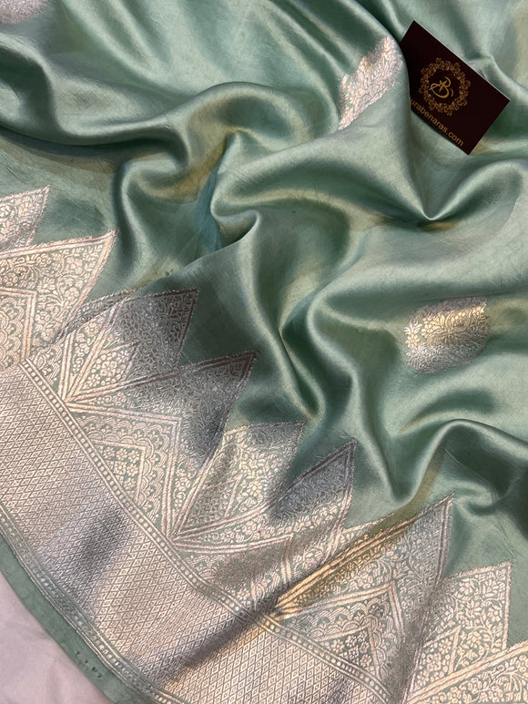 Greyish Green Pure Banarasi Handloom Silk Saree - Aura Benaras