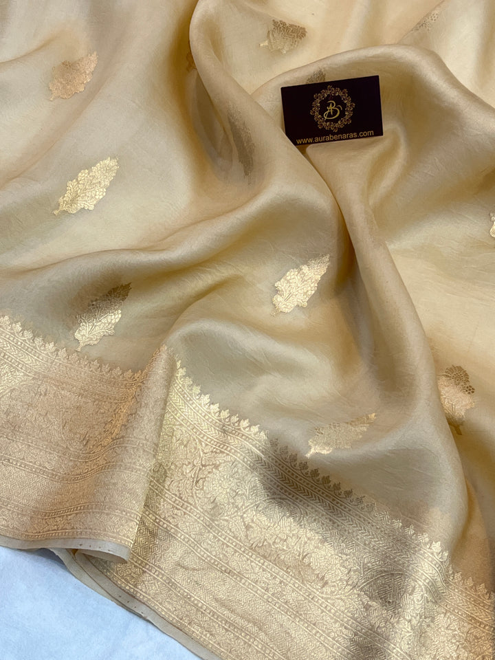 Dusty Cream Banarasi Handloom Kora Silk Saree