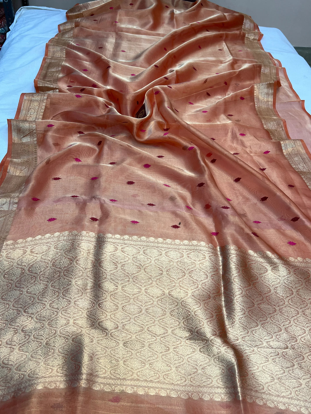 Orange Pure Tissue Silk Banarasi Saree with Meenakari Kadhwa Butis
