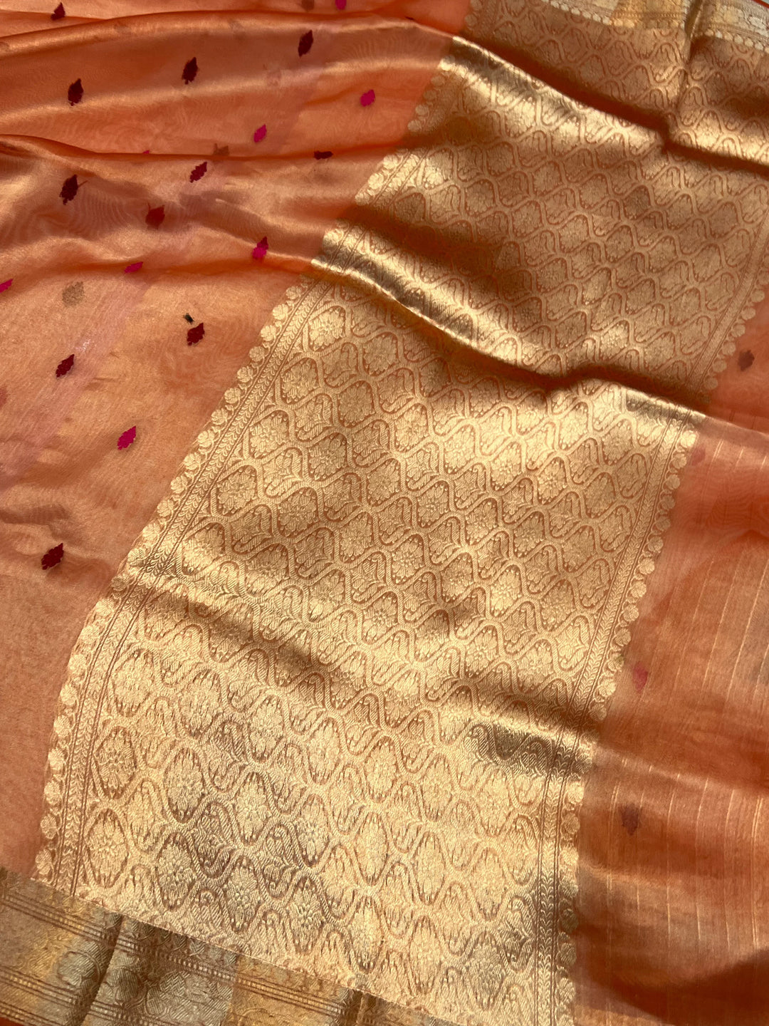 Orange Pure Tissue Silk Banarasi Saree with Meenakari Kadhwa Butis