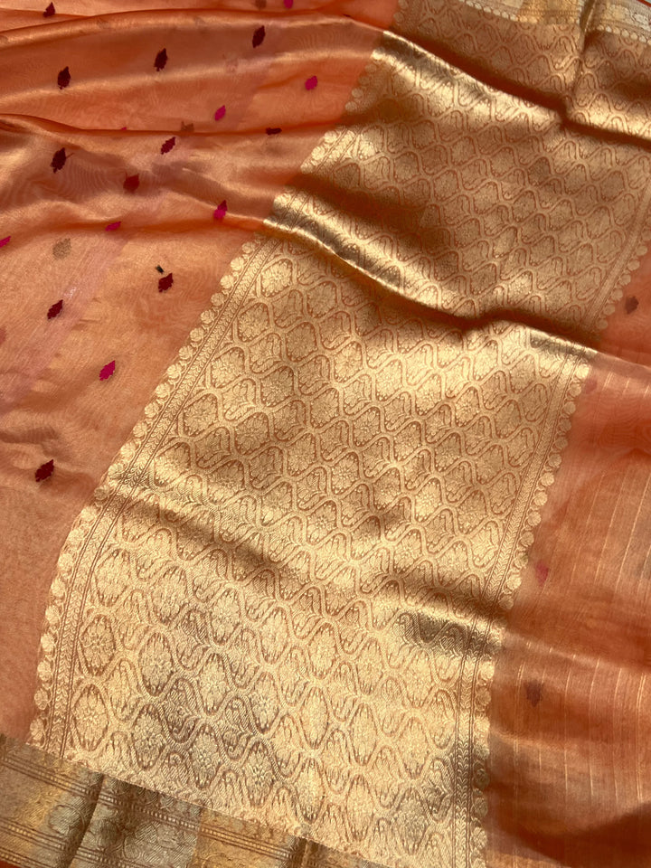 Orange Pure Tissue Silk Banarasi Saree with Meenakari Kadhwa Butis