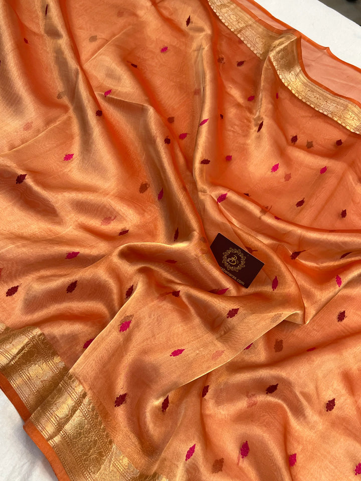 Orange Pure Tissue Silk Banarasi Saree with Meenakari Kadhwa Butis