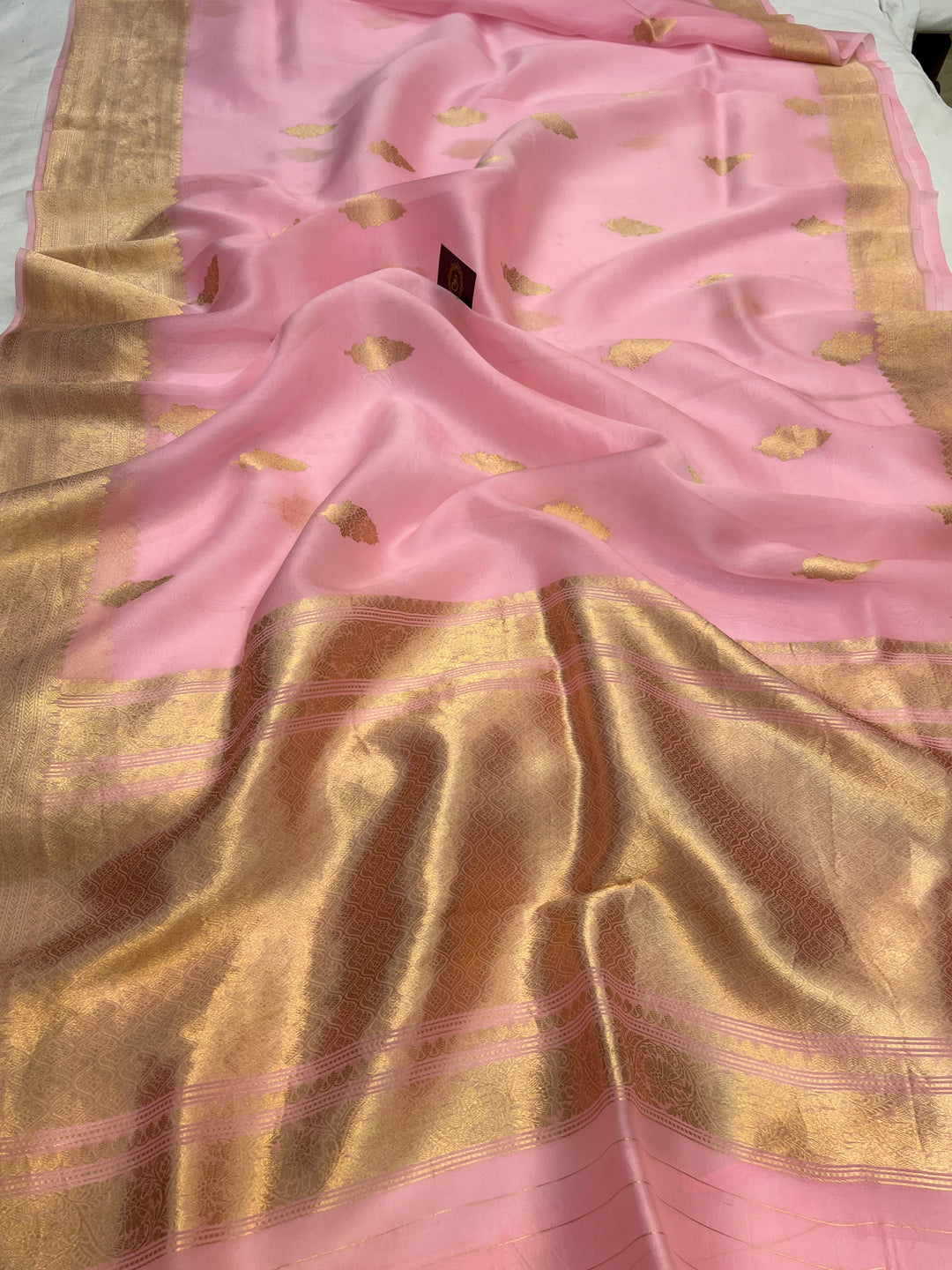 Baby Pink Banarasi Handloom Kora Silk Saree