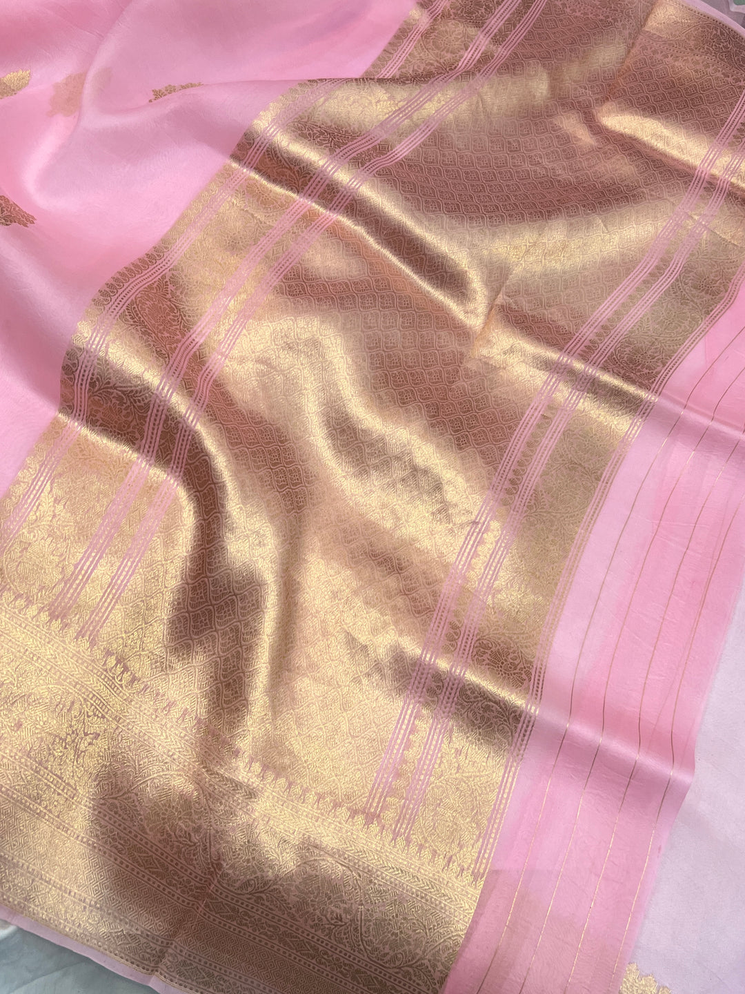Baby Pink Banarasi Handloom Kora Silk Saree