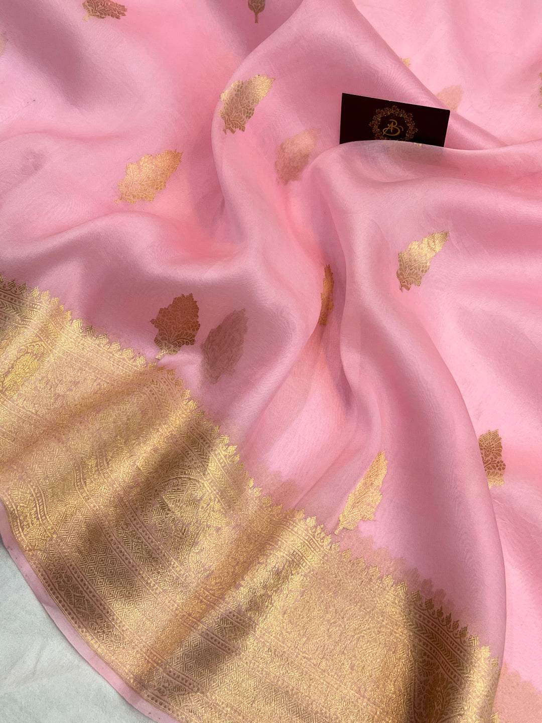 Baby Pink Banarasi Handloom Kora Silk Saree