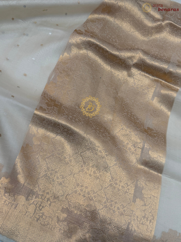 Cream Pure Kora Silk Handloom Banarasi Saree