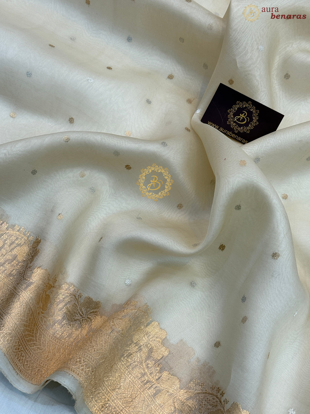Cream Pure Kora Silk Handloom Banarasi Saree