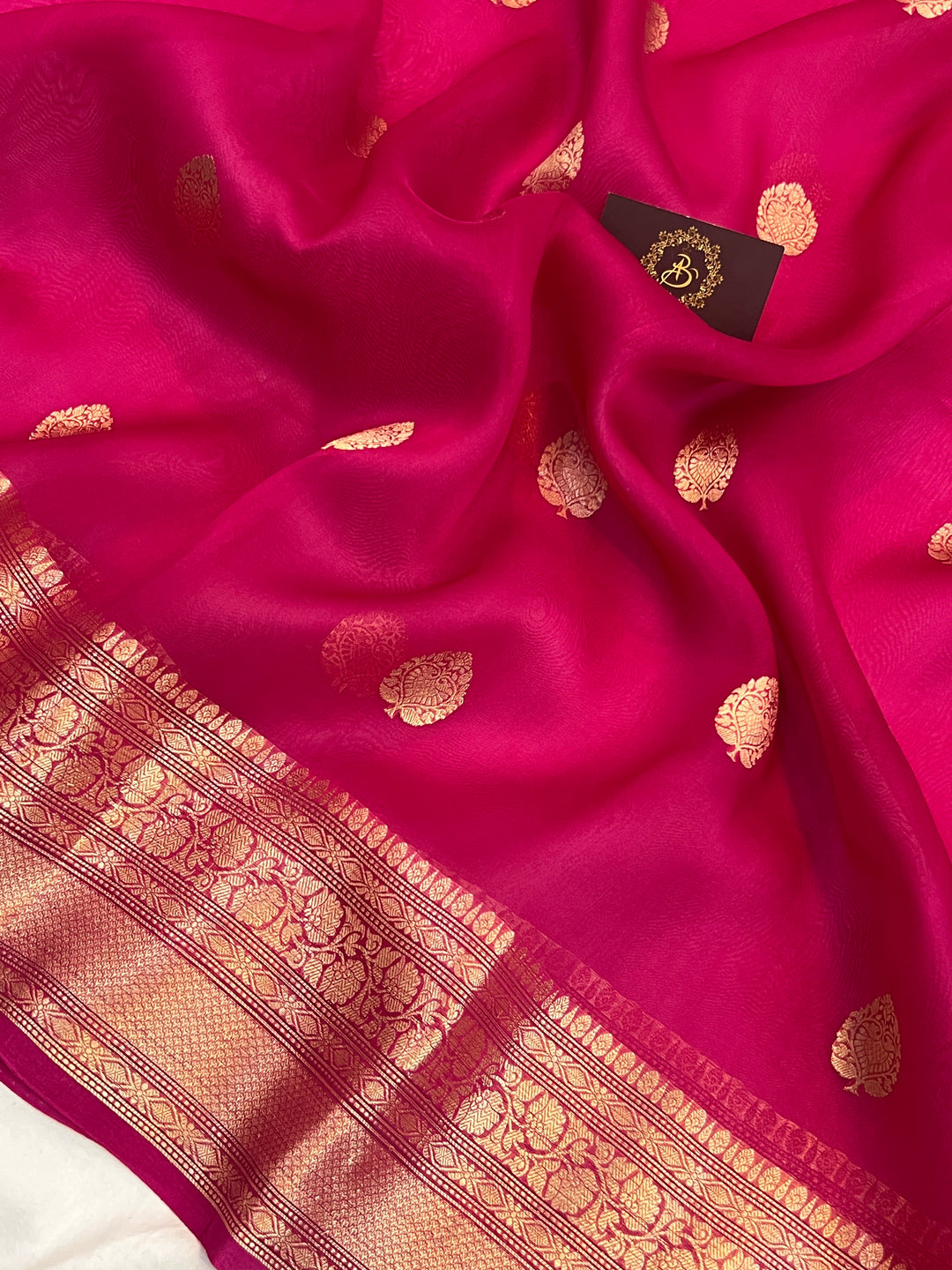 Rani Pink Pure Banarasi Handloom Kora Silk Saree