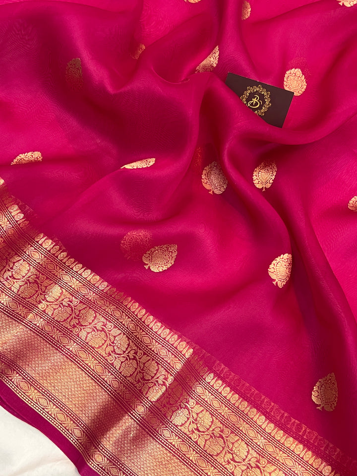 Rani Pink Pure Banarasi Handloom Kora Silk Saree