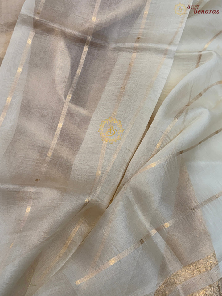 Cream Pure Kora Silk Handloom Banarasi Saree