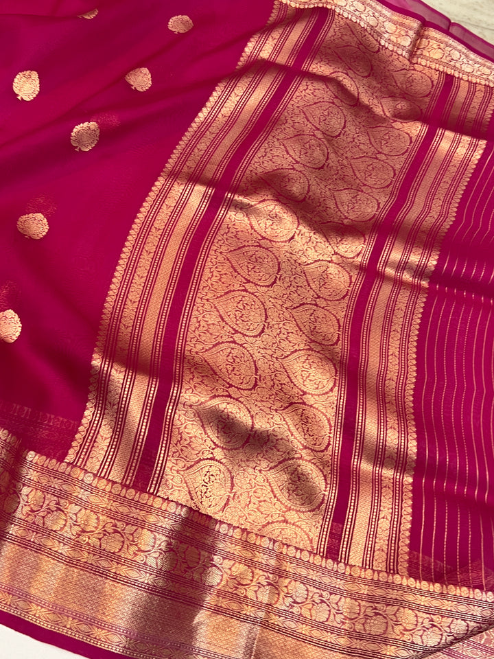 Rani Pink Pure Banarasi Handloom Kora Silk Saree