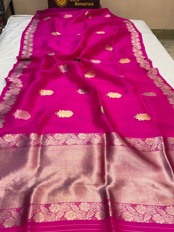 Hot Pink Pure Kora Silk Handloom Banarasi Saree with Sona Rupa Butas