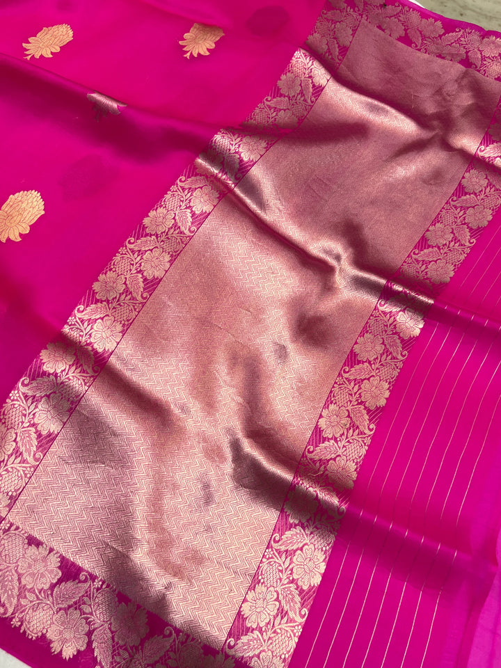 Hot Pink Pure Kora Silk Handloom Banarasi Saree with Sona Rupa Butas