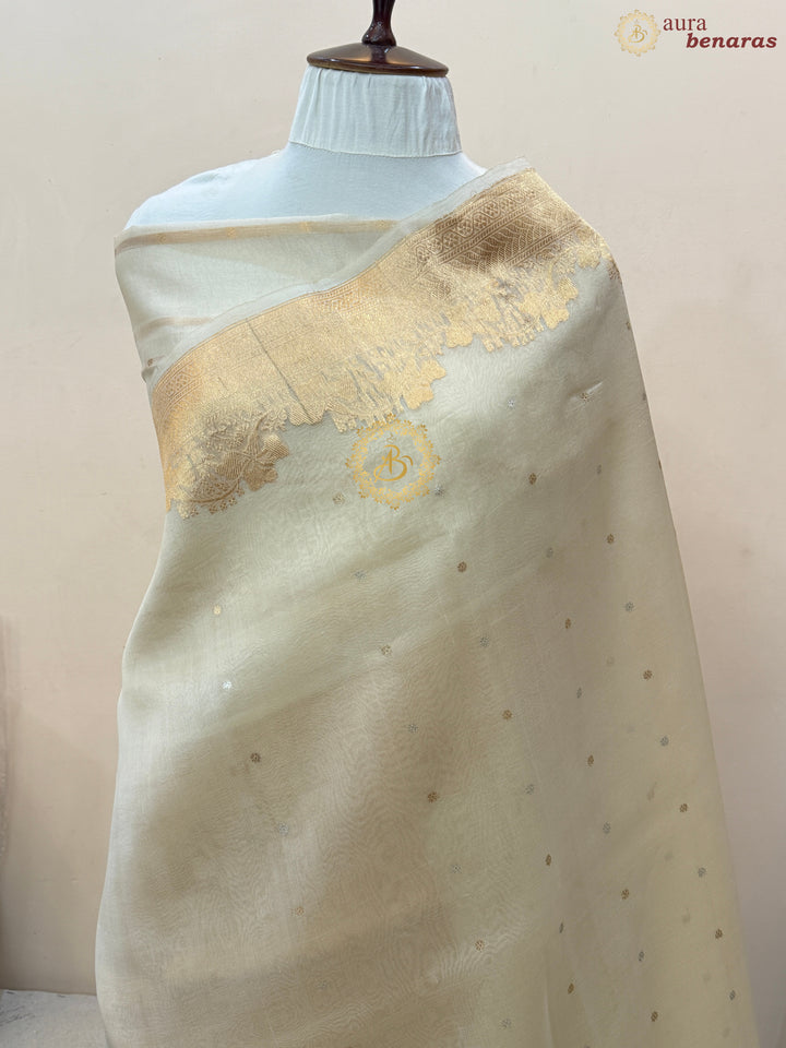 Cream Pure Kora Silk Handloom Banarasi Saree
