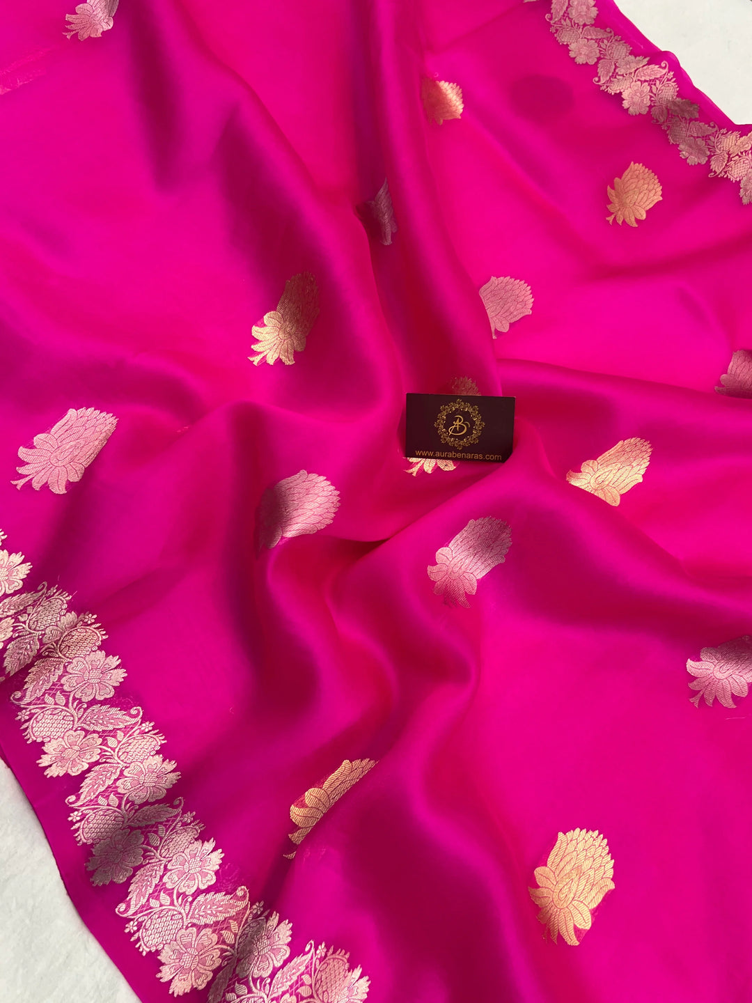 Hot Pink Pure Kora Silk Handloom Banarasi Saree with Sona Rupa Butas